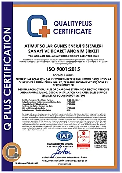 ISO 9001 Kalite Yönetim Sistemi Sertifikası — Azimut Solar Enerji